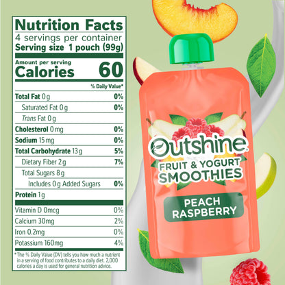 Outshine Fruit & Yogurt Smoothie Peach Raspberry, Smoothie Pouch, On The Go Snack, 4Pk 14 oz