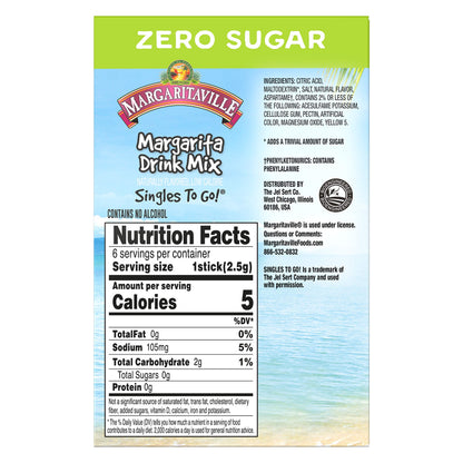 Margaritaville, Singles To Go Water Drink Mix Flavored NonAlcoholic Powder Sticks 6 Count, Margarita, 0.55 Ounce
