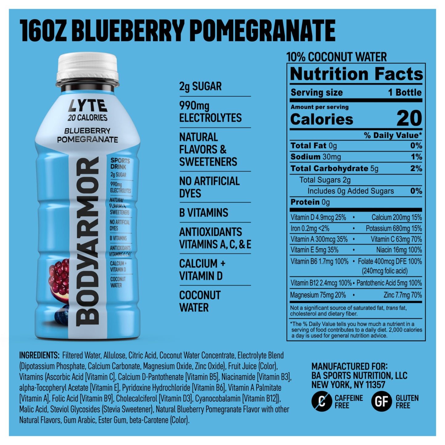 BODYARMOR LYTE, Blueberry Pomegranate & Dragonfruit Berry Electrolyte Drink, 20 Calories, 16 Fl Oz Bottles (24 bottles), Coconut Water Sports Drink, Natural Flavor & B Vitamins