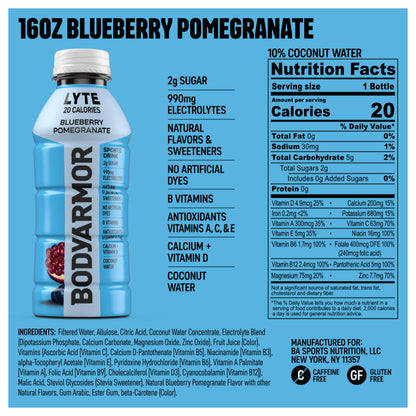 BODYARMOR LYTE, Blueberry Pomegranate & Dragonfruit Berry Electrolyte Drink, 20 Calories, 16 Fl Oz Bottles (24 bottles), Coconut Water Sports Drink, Natural Flavor & B Vitamins