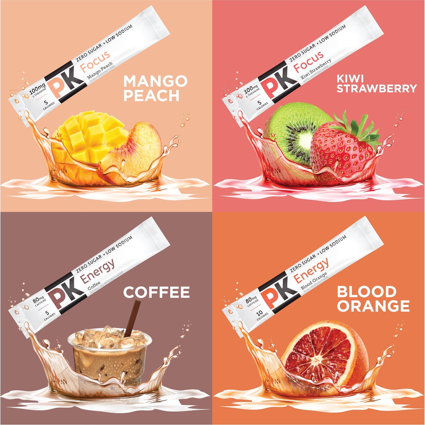 PURE KICK Energy and Focus Singles To Go Drink Mix Variety Pack,Blood Orange, Coffee, Strawberry Kiwi and Peach Mango, 40 Count (Pack - 1)