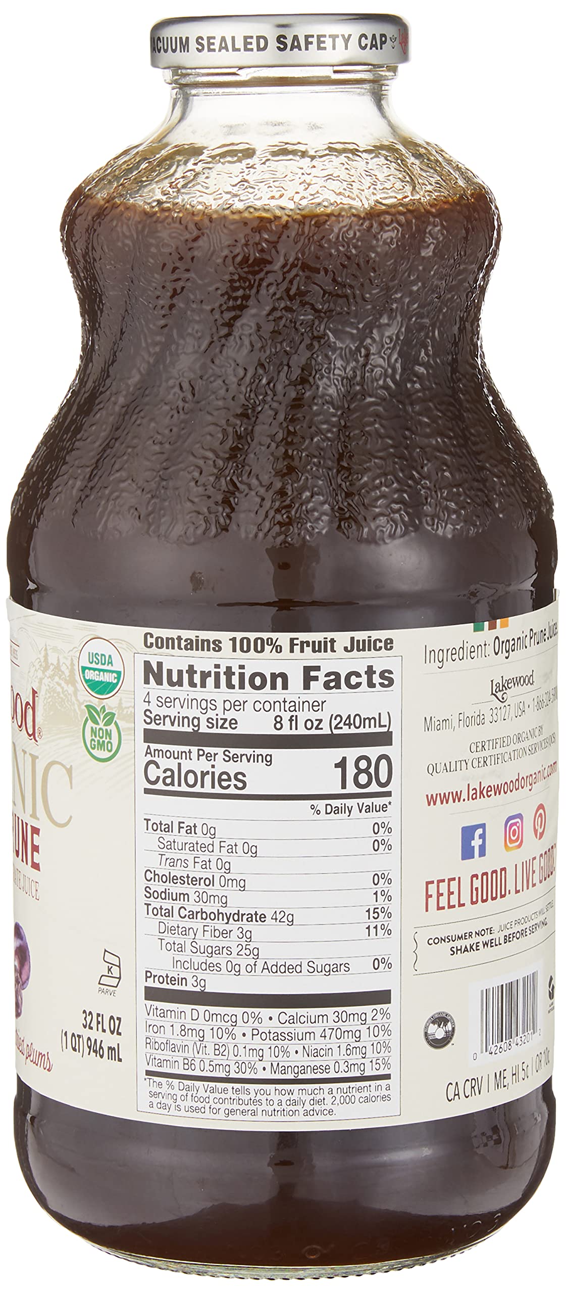 Lakewood Organic 100% Juice Pure Prune (1 X 32 FL OZ) (Pack of 2)