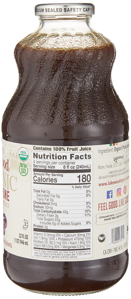 Lakewood Organic 100% Juice Pure Prune (1 X 32 FL OZ) (Pack of 2)