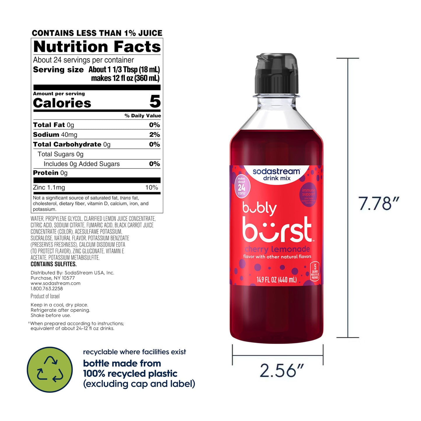 SodaStream Bubly Burst Cherry Lemonade New Pour Bottles (440ml Pack of 4)