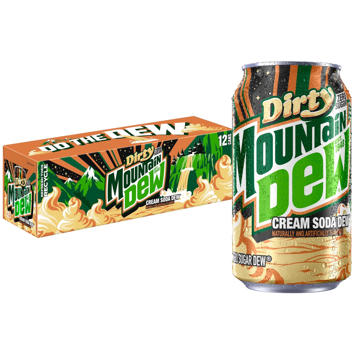 Mountain Dew Zero Sugar Soda Pop, Dirty Mountain Dew, Cream Soda Dew, 12 fl oz Cans, (12 Pack), Zero Calories, Zero Sugar