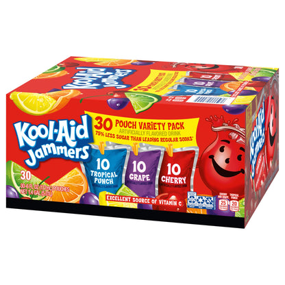 Kool-Aid Jammers Drink, 30 Pouches, for School Lunches and On-the-Go Hydration, Artificially Flavored Tropical Punch, Grape and Cherry Flavors, 6 fl oz