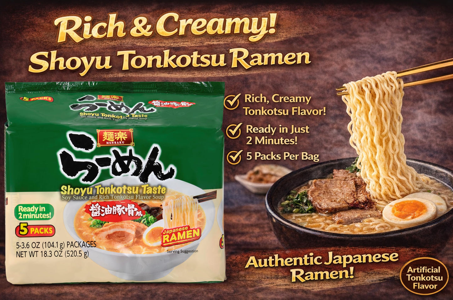 Hikari Menraku Ramen Shoyu Tonkotsu Japanese Instant Noodle Soup, 5 Pack 18.3 Oz