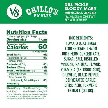 V8 Grillo's Pickles Dill Pickle Bloody Mary Mix, 8 fl oz Can (6 Pack)