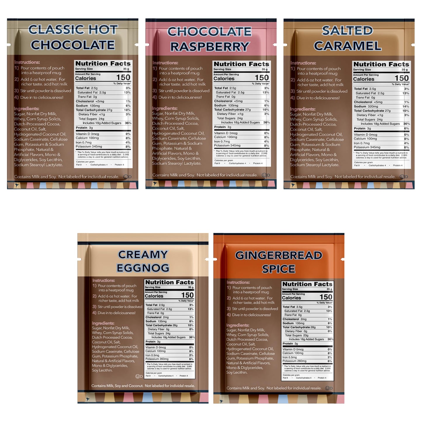 Double Donut Coffee Flavored Hot Chocolate Packets Variety Pack,18 Count Includes Classic, White Chocolate, Chocolate Raspberry, Salted Caramel, Pumpkin, French Vanilla & Peppermint (Pack of 2)