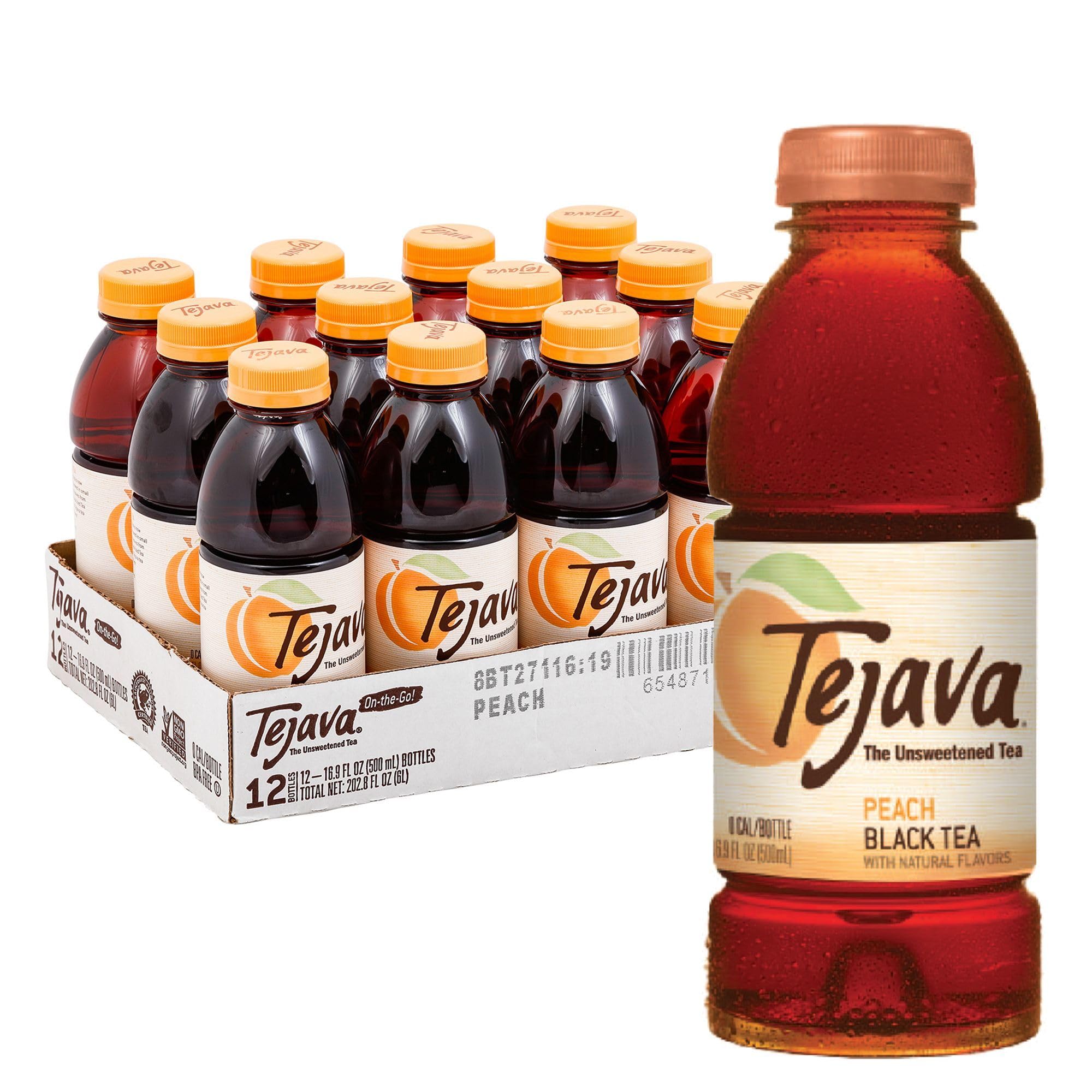 Tejava Tea Bottled Tejava Unsweetened Peach Iced Tea, 16.9 Ounce PET Bottles, Natural, No ...