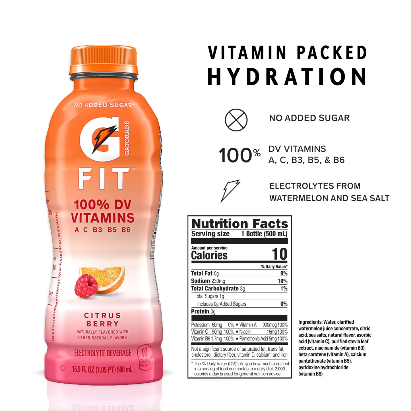 Gatorade Fit Electrolyte Beverage,Healthy Real Hydration,Citrus Berry,16.9.oz Bottles,(Pack of 24)