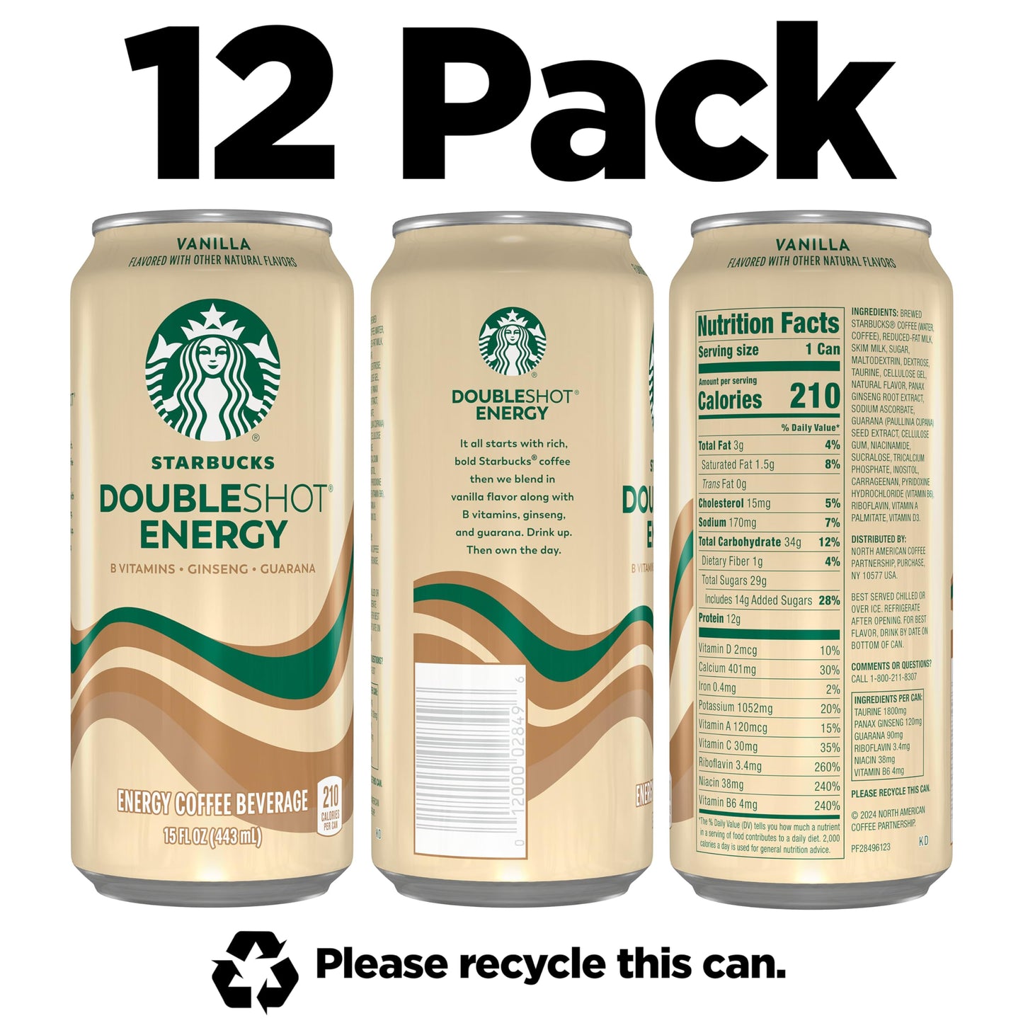 Starbucks Doubleshot Energy Drink Coffee Beverage,Vanilla,Iced Coffee,15 fl oz Cans,(Pack of 24)