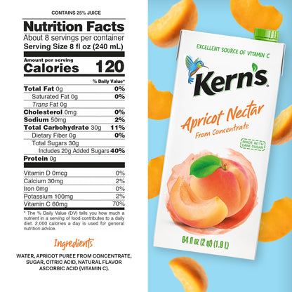 Kern’s Apricot Nectar Juice - Made with Fresh Fruit Puree & Apricot Juice Concentrate for Smoothie Mix, Cocktail Mixers, Kids Drink & Beverages - 64oz, 8 Pack Carton