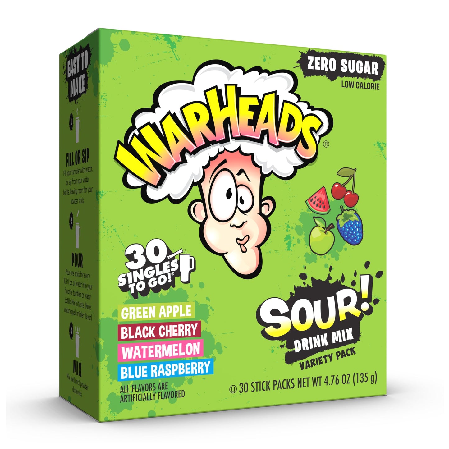 Warheads Singles To Go Sour Drink Mix, 30 Sticks, Variety Pack (Green Apple, Black Cherry, Watermelon, Blue Raspberry), Zero Sugar, Low Calorie