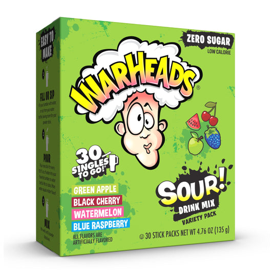Warheads Singles To Go Sour Drink Mix, 30 Sticks, Variety Pack (Green Apple, Black Cherry, Watermelon, Blue Raspberry), Zero Sugar, Low Calorie