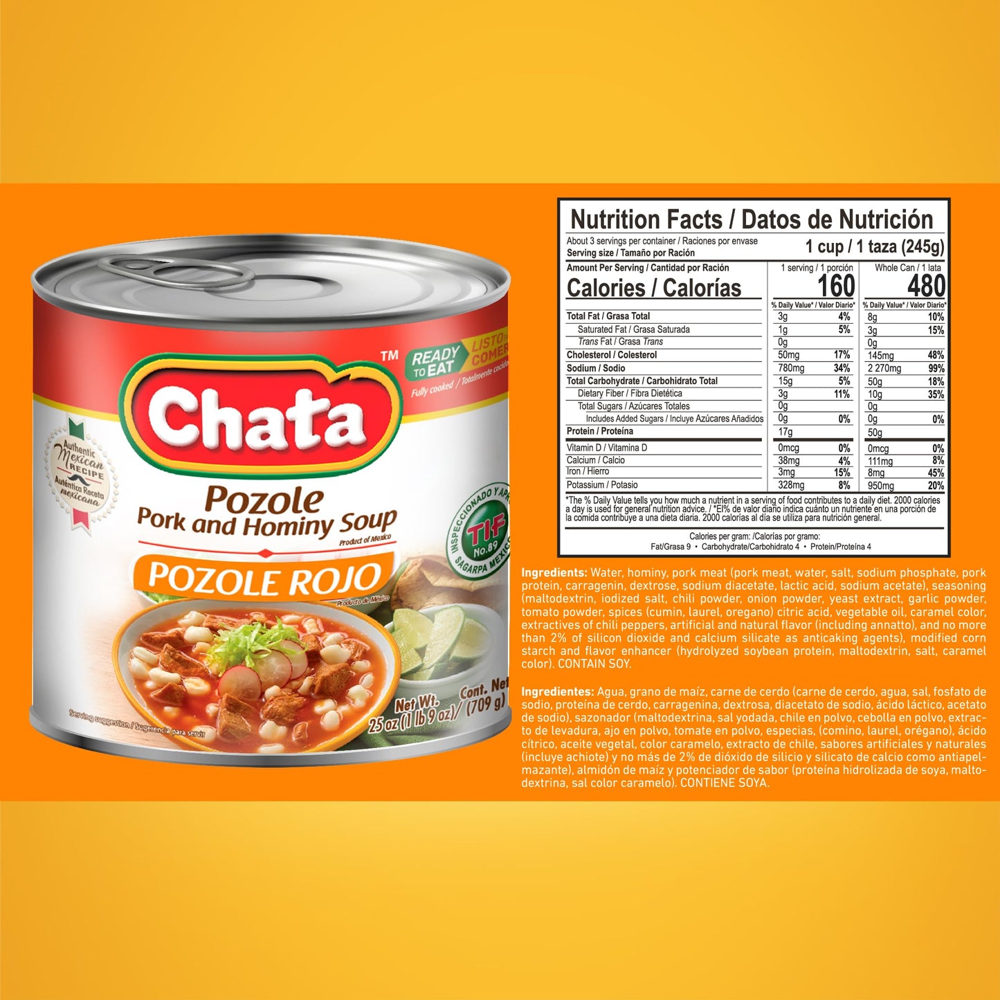 Chata Mexican Pozole Soup with Pork and Hominy Corn, Ready to Heat & Serve, 25 oz (Pack of 3)