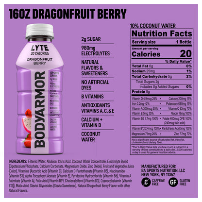 BODYARMOR LYTE, Blueberry Pomegranate & Dragonfruit Berry Electrolyte Drink, 20 Calories, 16 Fl Oz Bottles (24 bottles), Coconut Water Sports Drink, Natural Flavor & B Vitamins