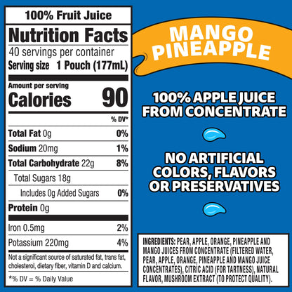 Capri Sun Mango Pineapple Flavored 100% Juice Blend from Concentrate with Added Ingredients and Other Natural Flavor, 40 ct Pack, 4 Boxes of 10 Pouches