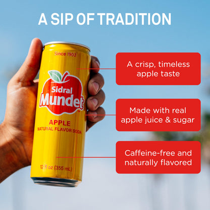 Sidral Mundet - Mexican Soda Soft Drinks, Apple (12 oz, 355ml) 24 Cans - Caffeine Free, Gluten Free - Real Cane Sugar - 0g Fat - Made in Mexico - Natural Flavor Soda Pop - Over 120 Years