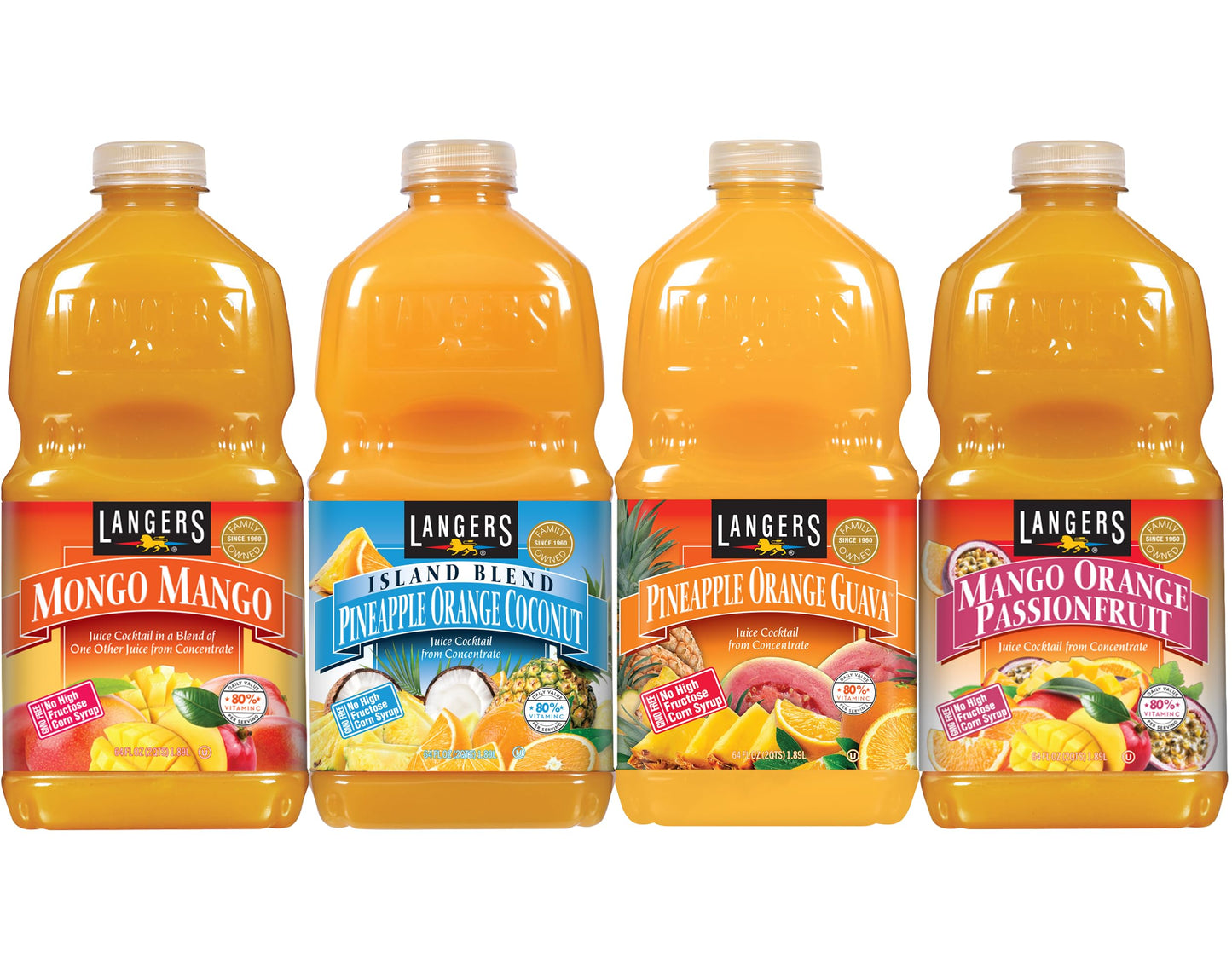 Langers Tropical Variety Pack, Mango Orange Passionfruit, Pineapple Orange Guava, Island Blend, Mongo Mango, 64 fl oz (Pack of 4)