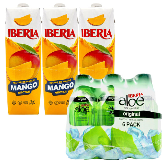 Iberia Mango Nectar, 33.8 fl. oz., (Pack of 3) + Iberia Aloe Vera Drink with Pulp 9.5 fl oz, Original (Pack of 6)