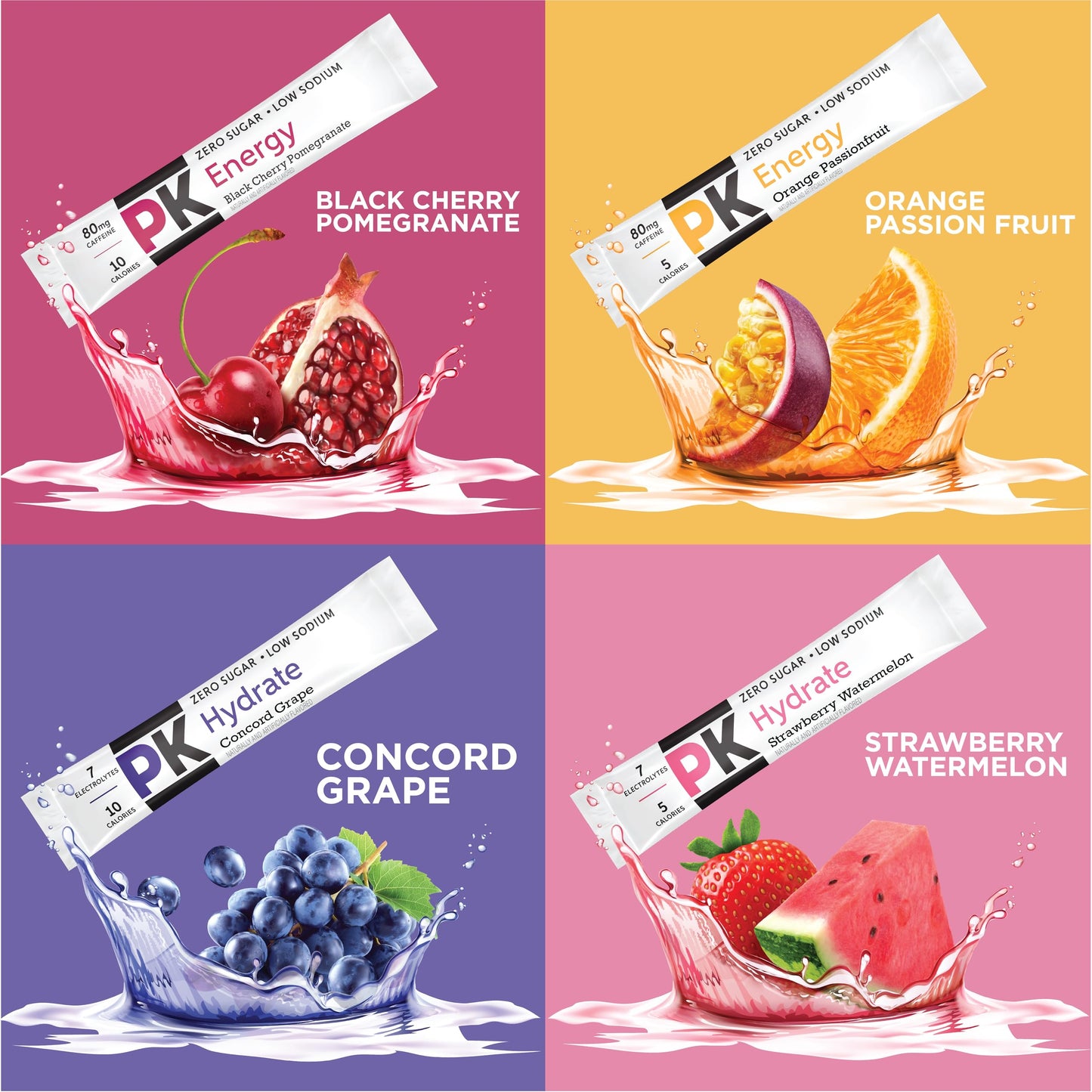 PURE KICK Energy and Hydrate Singles To Go Drink Mix Variety Pack, Black cherry Pomegranate, Orange Passion Fruit, Strawberry watermelon and Concord Grape (Pack of 60)
