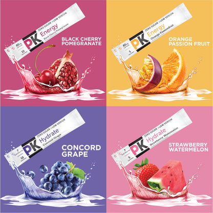 PURE KICK Energy and Hydrate Singles To Go Drink Mix Variety Pack, Black cherry Pomegranate, Orange Passion Fruit, Strawberry watermelon and Concord Grape (Pack of 60)