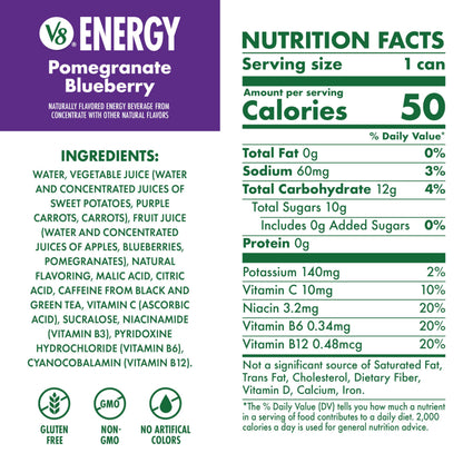 V8 +ENERGY Pomegranate Blueberry Energy Drink | 8 fl oz Can | Pack of 48