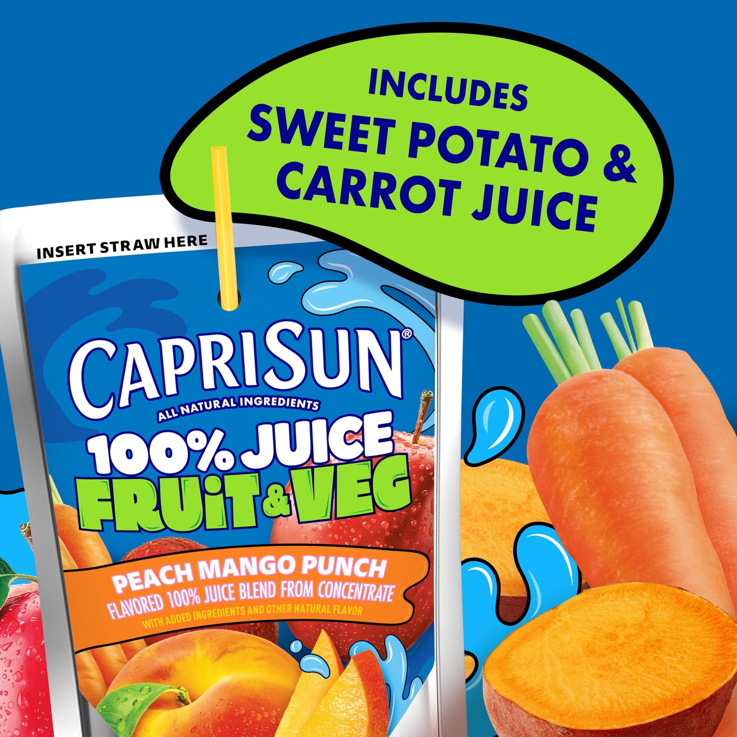 Capri Sun 100% Juice Fruit & Veg Juice Blend from Concentrate, 10 Pouches, for School Lunches and On-the-Go Hydration, Peach Mango Punch, All Natural Ingredients, Zero Added Sugars, 6 oz