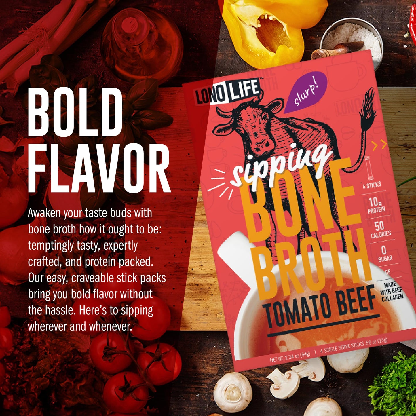 LonoLife Tomato Beef Bone Broth Powder Mix | Grass-Fed, 10g Protein | Collagen-Rich, Keto & Paleo Friendly | Natural Ingredients | 10 Portable Stick Pack Servings