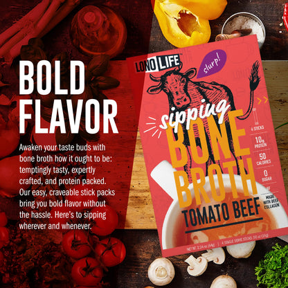 LonoLife Tomato Beef Bone Broth Powder Mix | Grass-Fed, 10g Protein | Collagen-Rich, Keto & Paleo Friendly | Natural Ingredients | 10 Portable Stick Pack Servings