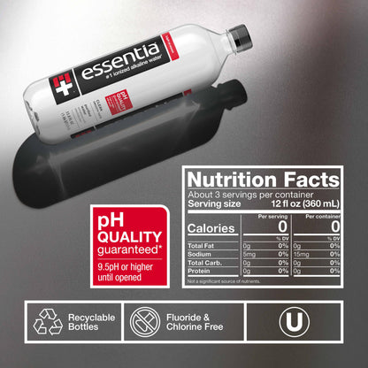 Essentia Water Bottled, Ionized Alkaline Water:99.9% Pure, Infused With Electrolytes, 9.5 pH Or Higher With A Clean, Smooth Taste, 1 Liter (Pack of 12)