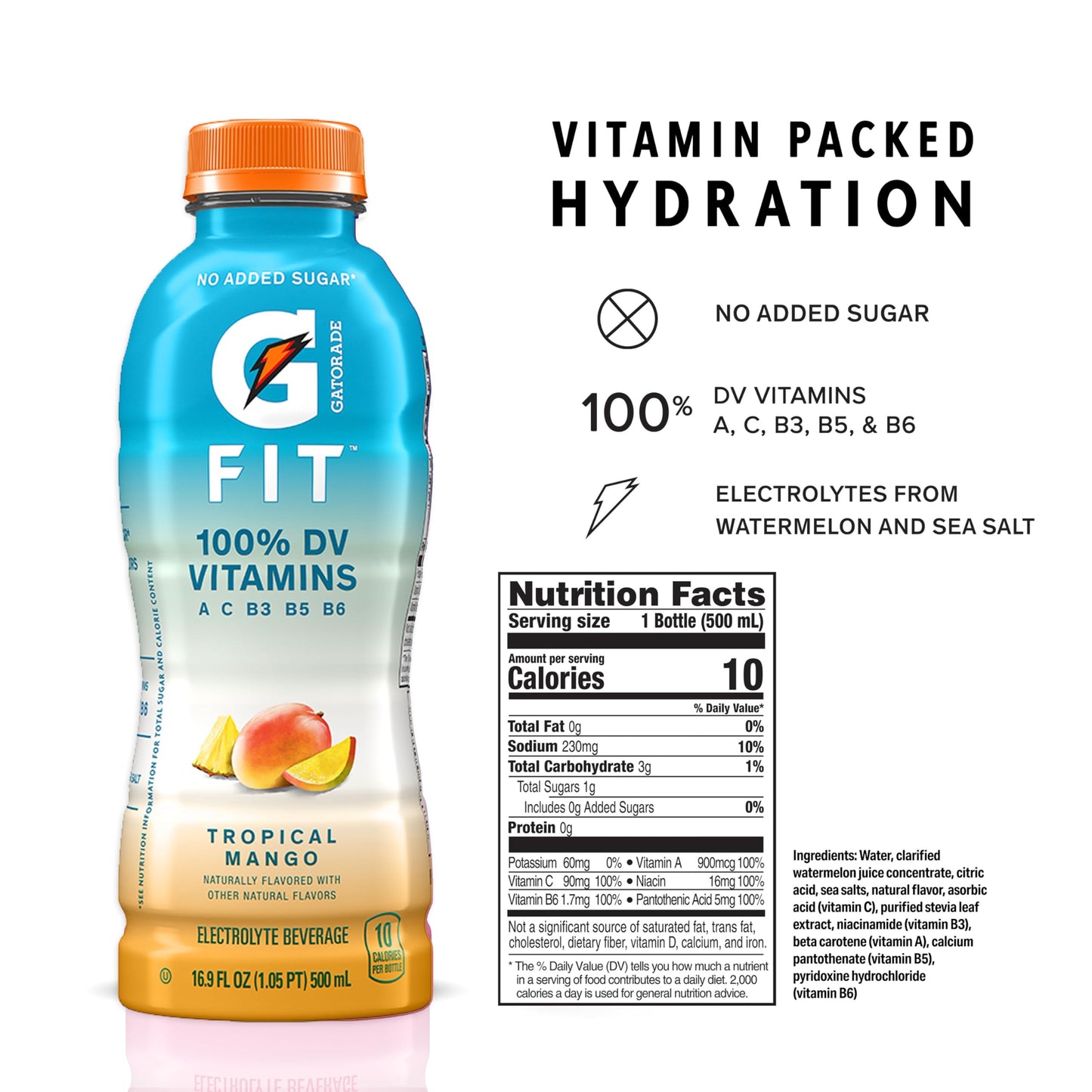 Gatorade Fit Electrolyte Beverage,Healthy Real Hydration,Tropical Mango,16.9.oz Bottles,(Pack of 24)