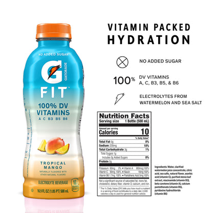 Gatorade Fit Electrolyte Beverage,Healthy Real Hydration,Tropical Mango,16.9.oz Bottles,(Pack of 24)