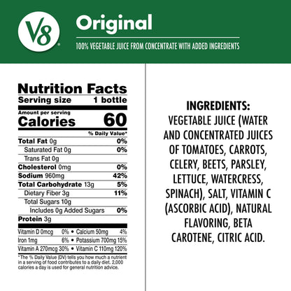V8 Original 100% Vegetable Juice, 12 fl oz Bottle (12 Pack)