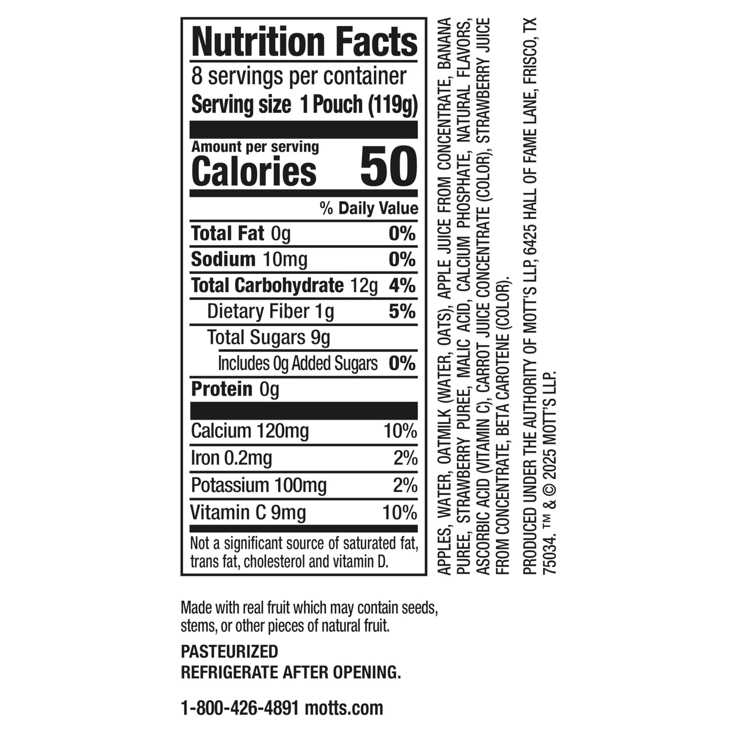 Mott’s Fruit Smoothies Strawberry Banana, 4.2 oz clear pouches, 8 Pack, Non-dairy, Made With Oatmilk, Made With Real Fruit, Good Source of Calcium, On-the-Go