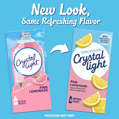 Crystal Light Drink Mix, 10 Packets, for Convenient On-the-Go Flavorful Hydration, Naturally Flavored Pink Lemonade with other natural flavor, Zero Sugar, 1.3 oz