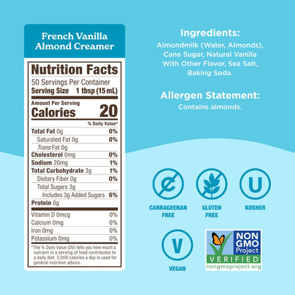 Califia Farms - French Vanilla Almond Milk Coffee Creamer, 25.4 Oz, Dairy Free, Plant Based, Vegan, Gluten Free, Non GMO