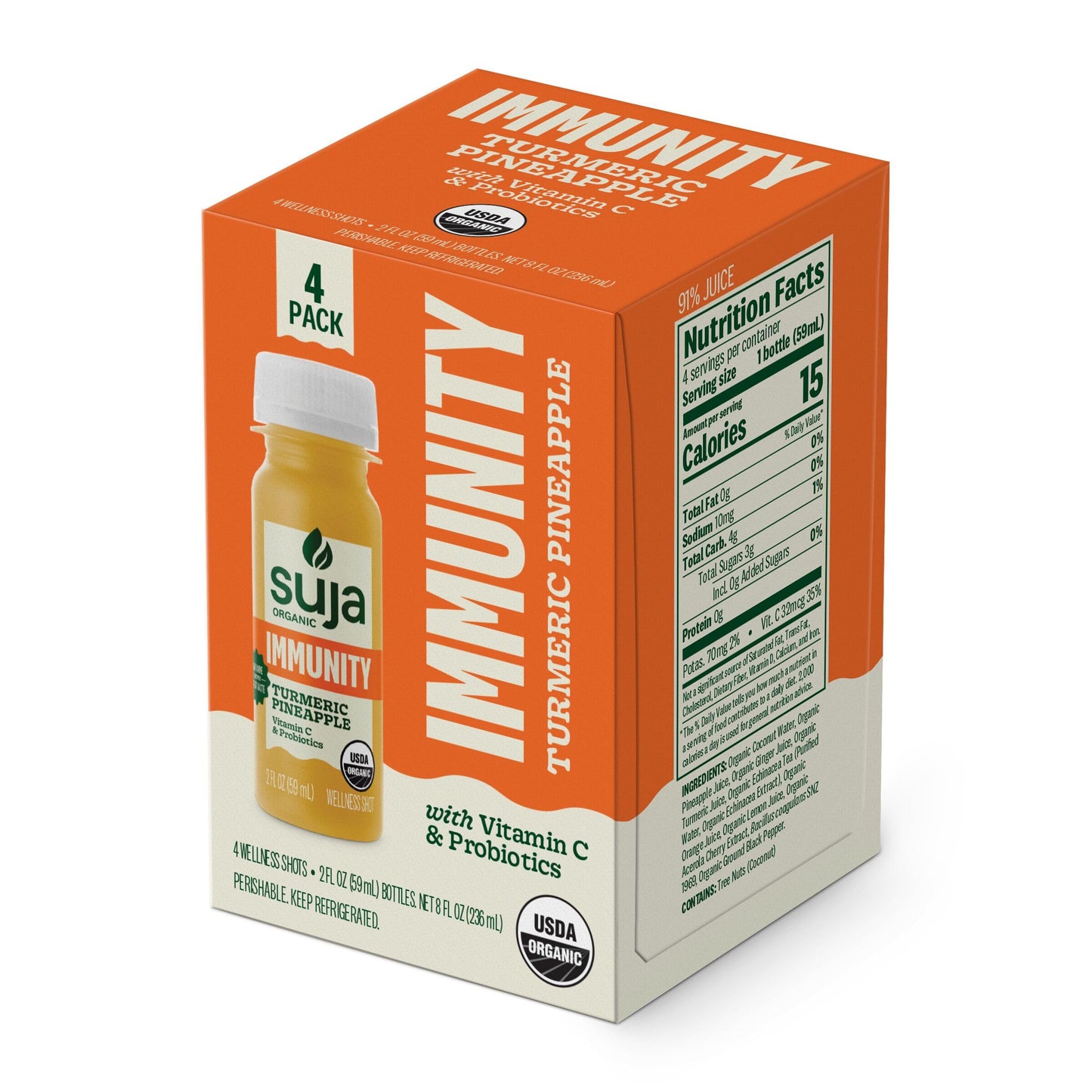 Suja Organic Immunity Defense Shot (2 Fl Oz x 4 Count) with Turmeric and Ginger | Immunity Boost & Support | Functional Shots | Cold-Pressed Juice with Live Probiotics | Plant-Based & Gluten-Free