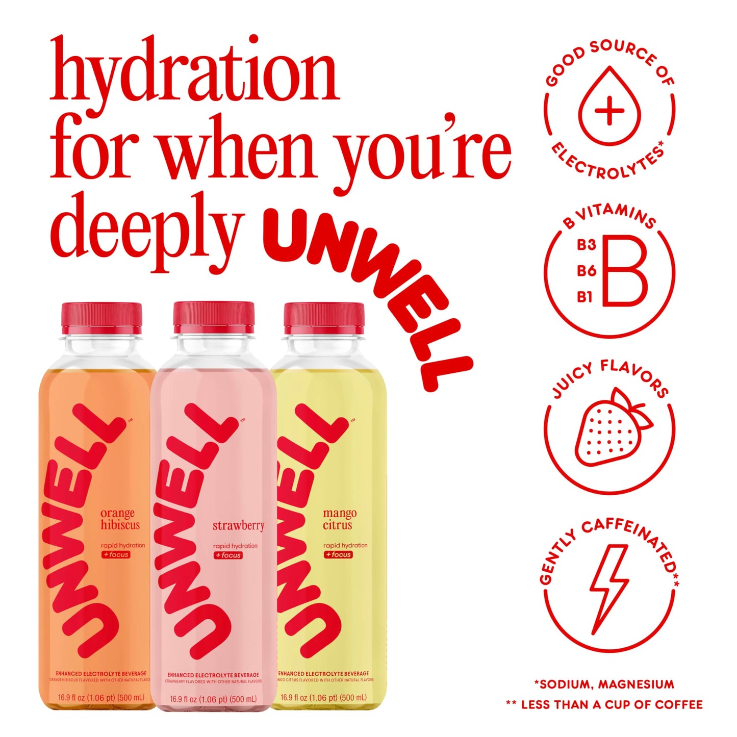 Unwell Hydration Electrolyte Drink For Rapid Hydration + Focus – Mango Citrus, 12 Pack