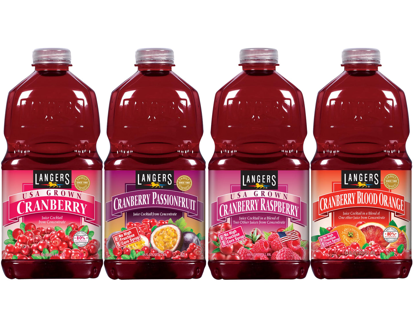 Langers Cranberry Variety Pack, Cranberry Cocktail, Raspberry, Passionfruit, Blood Orange, 64 fl oz (Pack of 4)