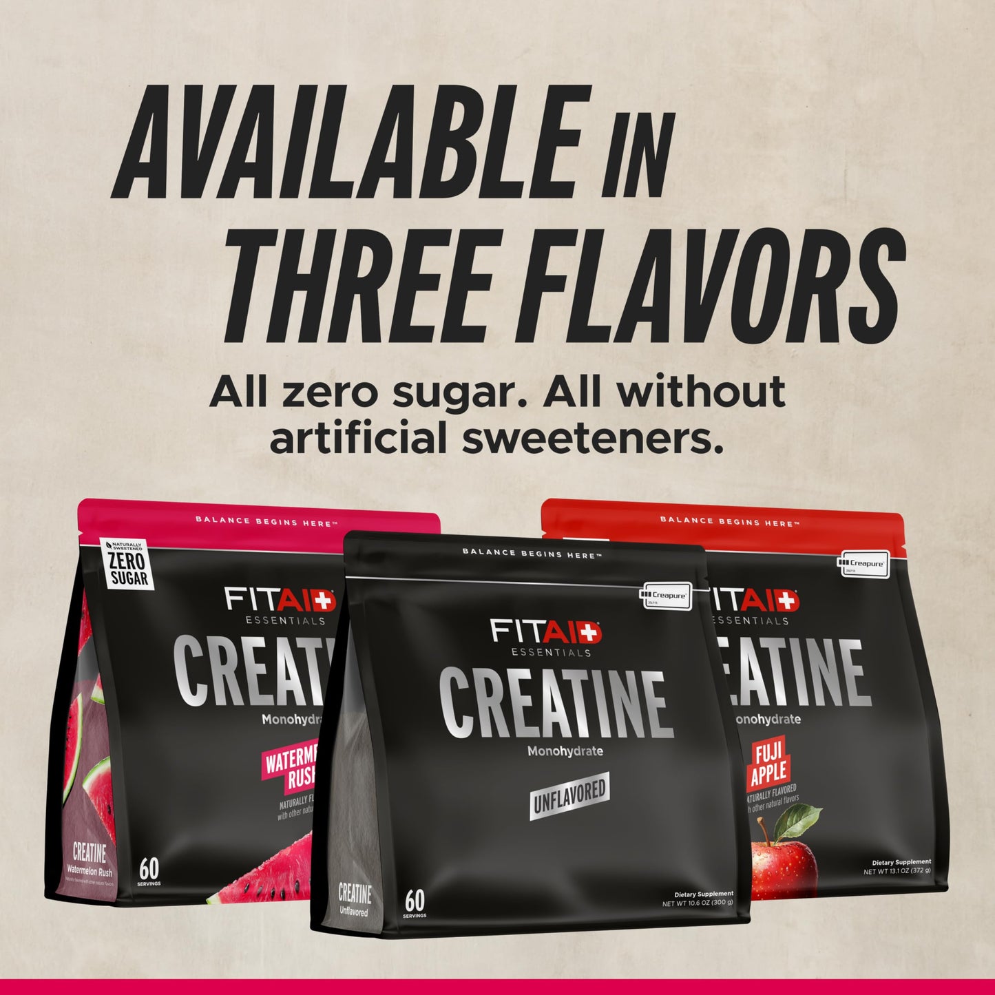 FITAID Creatine Monohydrate Powder, CreaPure, Watermelon Rush, ATP Production for Weightlifting, Cycling, Zero Sugar, Smooth-Mixing, Easy on Stomach, Resealable, 60 Servings