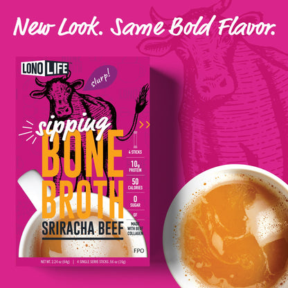 LonoLife Sriracha Chicken Bone Broth Powder Mix | 10g Protein | Collagen-Rich, Keto & Paleo Friendly | Natural Ingredients | 4 Portable Stick Pack Servings