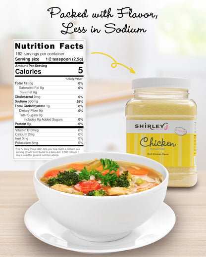 Shirley J Rich Chicken Bouillon Powder, Multi-Use Soup Base & Lower Sodium Bouillon – Replaces 30+ Cartons of Broth, Easy-Dissolve Instant Seasoning for Soups, Gravies, Rice, and Roasting – 1lb Jar