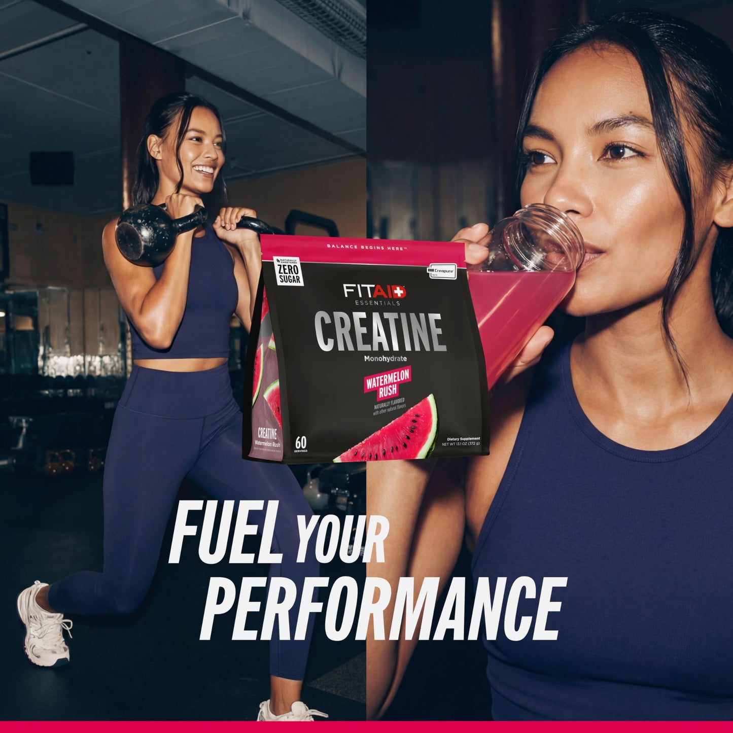 FITAID Creatine Monohydrate Powder, CreaPure, Watermelon Rush, ATP Production for Weightlifting, Cycling, Zero Sugar, Smooth-Mixing, Easy on Stomach, Resealable, 60 Servings