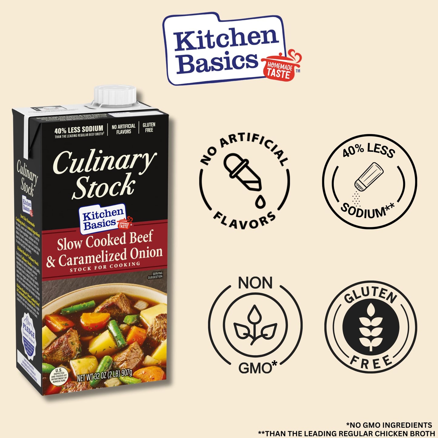 Kitchen Basics Slow Cooked Beef and Onion Culinary Stock, 32 oz. Carton (Pack of 12)
