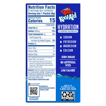 Kool-Aid Hydration Blue Raspberry Lemonade Artificially Flavored Drink Mix, 6 ct On-the-Go-Packets, 1.32 oz Box