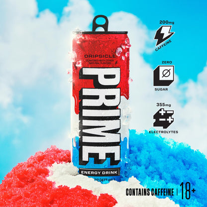PRIME Energy DRIPSCICLE, Sugar Free Energy Drink, 200mg Caffeine and 355mg of Electrolytes for Hydration, Low Calorie, Vegan, Gluten Free, 16 Fluid Ounce Can