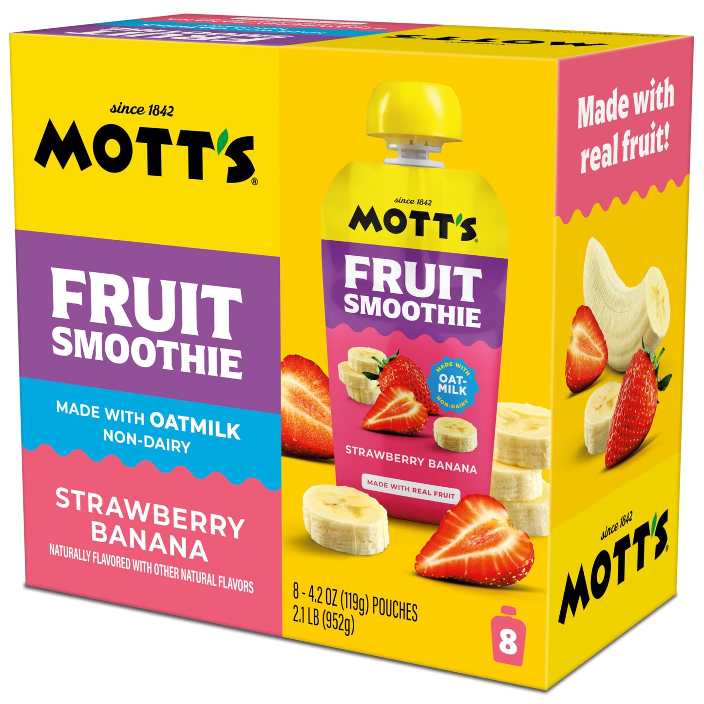 Mott’s Fruit Smoothies Strawberry Banana, 4.2 oz clear pouches, 8 Pack, Non-dairy, Made With Oatmilk, Made With Real Fruit, Good Source of Calcium, On-the-Go