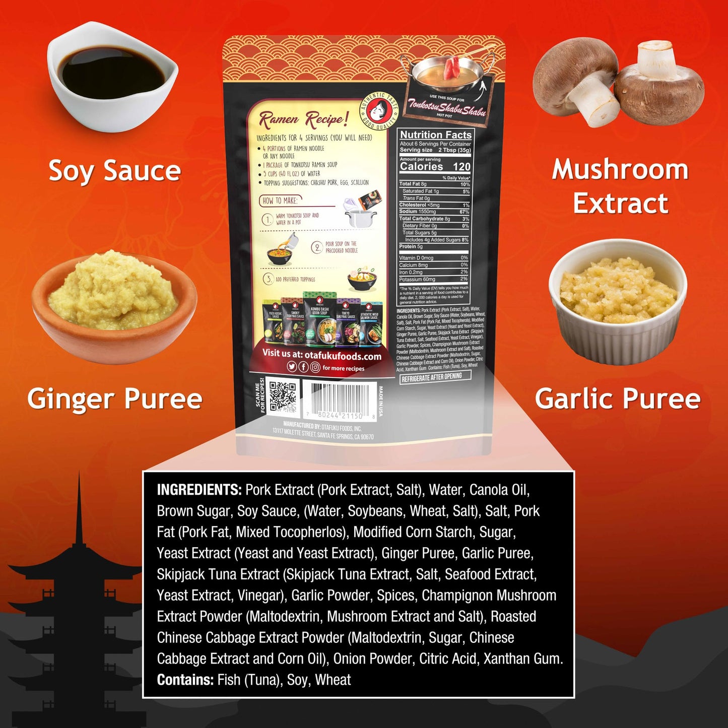 Otafuku Tonkotsu Ramen Shoyu Broth Concentrate, Rich Pork-Based Soup Mix for Authentic Japanese Ramen Noodles, 7.5oz (1 Pouch)